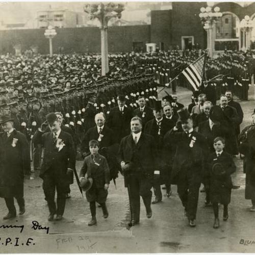 [Mayor James Rolph with group of officials at opening day ceremonies for the Panama-Pacific International Exposition]
