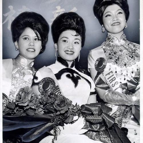 [Ruth Elaine Lee, Shirley Fong and Lillian Cheng at the "Miss Chinatown 1963" contest]
