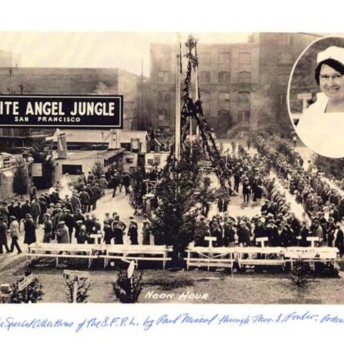 [White Angel Jungle soup kitchen located on the Embarcadero near Filbert street with inset of the White Angel, Lois Jordan]