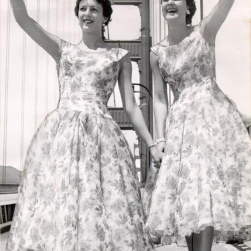 [Twins Carol and Nancy Christopher celebrating the 20th anniversary of the Golden Gate Bridge]