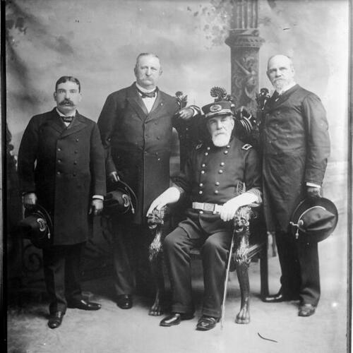 [San Francisco Police Commissioners Gunst, Alvord and Tobin with Chief of Police Crowley, group portrait]