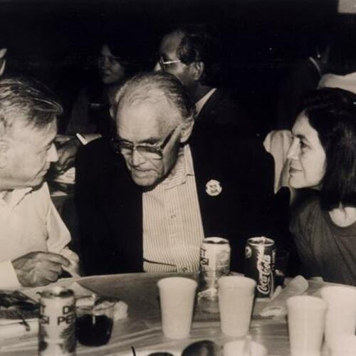 [Cesar Chavez, Fred Ross and Dolores Huerta at Mission language vocational school]