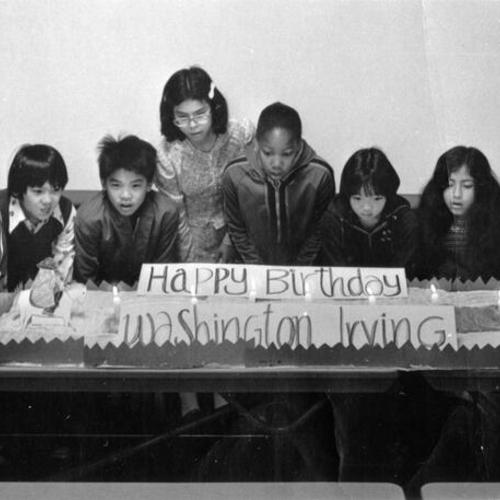 [Group of students at Washington Irving School celebrating the birthday of Washington Irving]