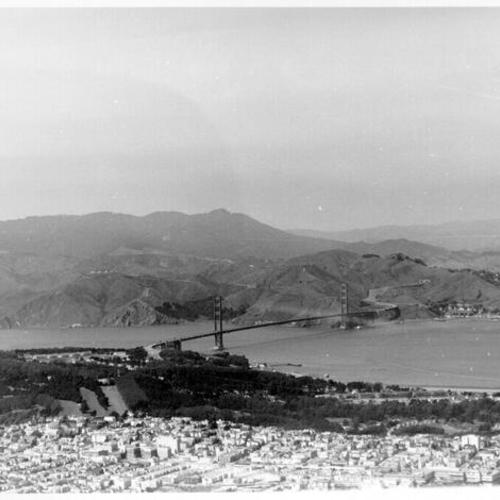 [Aerial view of the Golden Gate Bridge looking northwest toward Mt. Tamalpais]