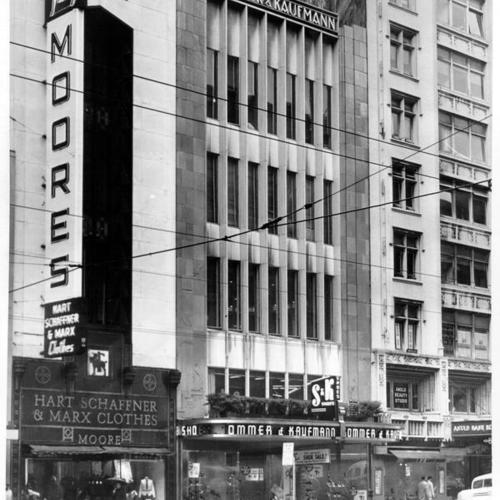 [Moore's clothing store and Sommer & Kaufmann shoe store on Market Street]