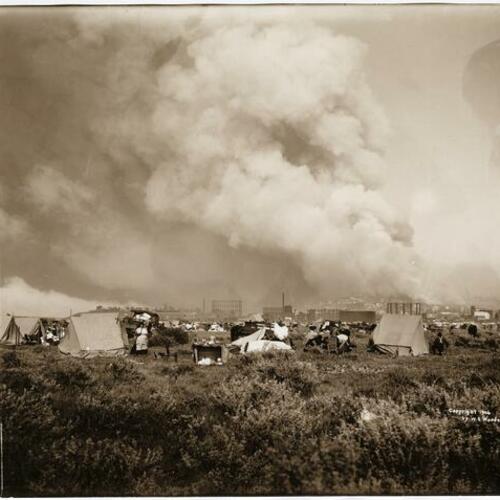 View of fires burning from Presidio refugee camp after the 1906 earthquake