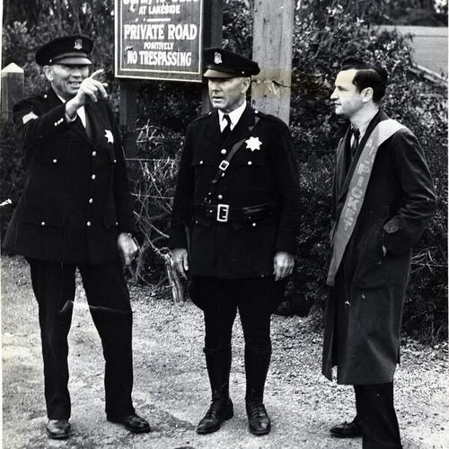 [Sergeant James Casey, Officer Thomas Sears and Picket Sam Walters outside the Olympic Club gate]