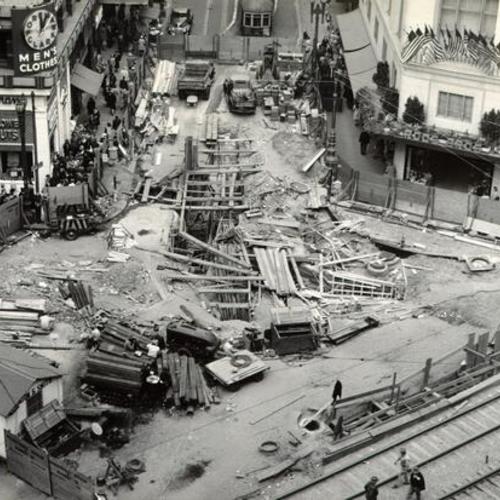 [Construction of extension to the Muni "F" line at Stockton and Market streets]
