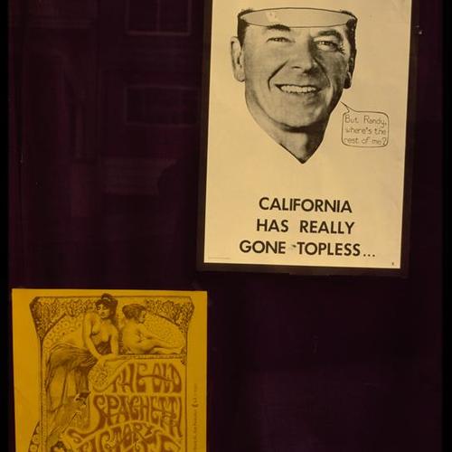 Wall with political poster and Old Spaghetti Factory Café and Excelsior Coffee House poster