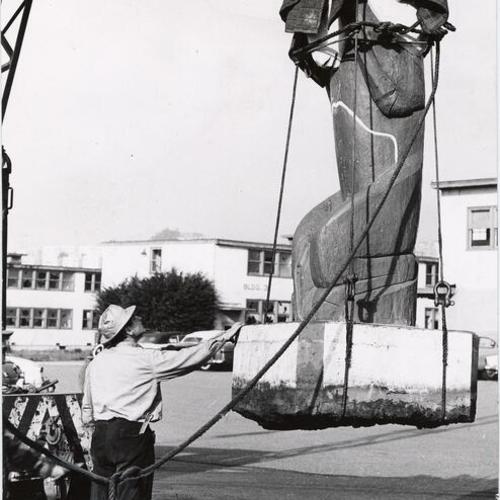 [Redwood Ram sculpture being moved to new location at City College of San Francisco]
