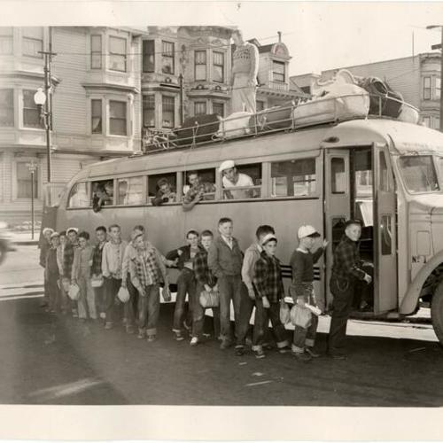 [Boys Club members and campership boys boarding bus for trip to Camp Marwedeland in Mendocino County]