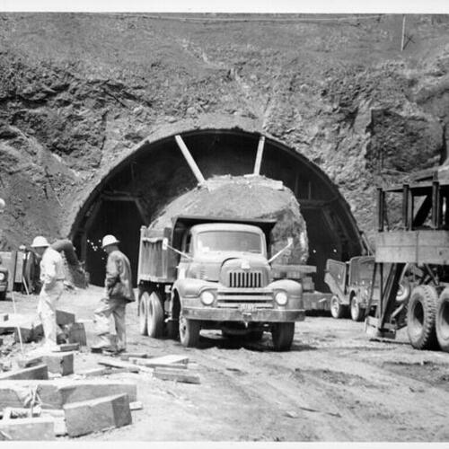 [View of Waldo Tunnel workmen at work]