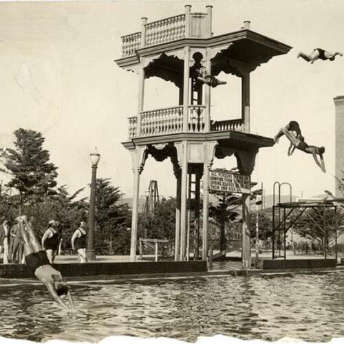 [Fleishhacker Pool, divers from tower, 1925-1935]