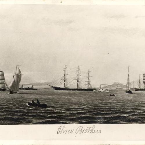 [Painting of "Three Brothers" being towed in San Francisco Bay on her maiden voyage"]