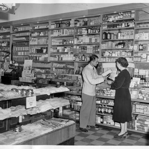 [Drug and cosmetics department at the Weinstein Company store at 615 Market Street]