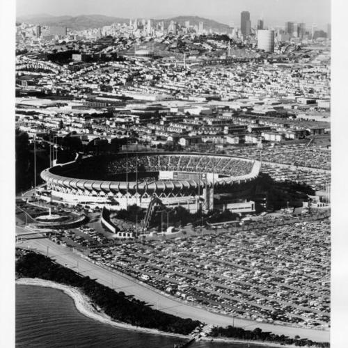 [Aerial view of Candlestick Park]