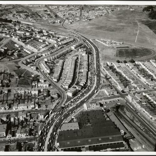 [Aerial view of Bayshore Freeway looking North-East]