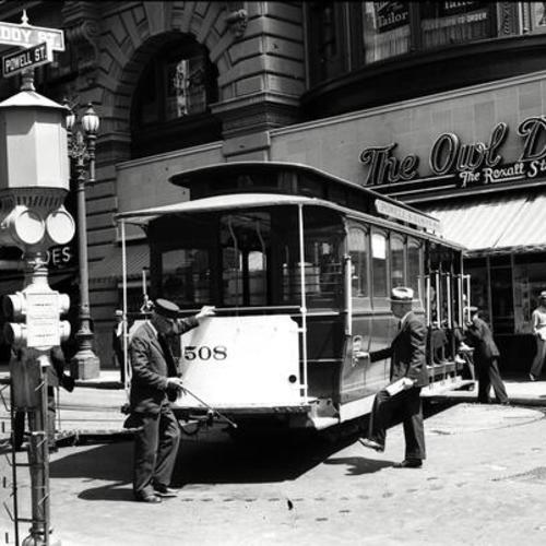 [Powell and Market streets looking northeast at Powell & Mason line car 506 on turntable]