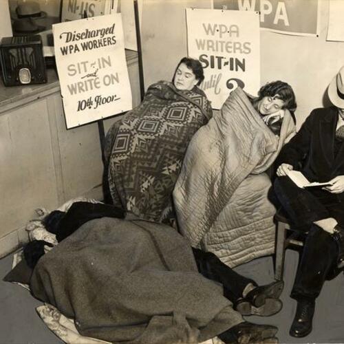 [Striking WPA workers staging a "sit-in" in the WPA administrator's office]