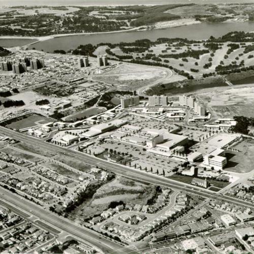 [Model of the Stonestown Shopping Center superimposed on an aerial view of the area]
