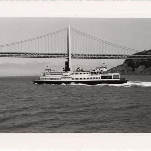 [View of the Bay Bridge and the Eureka from the ferryboat "Berkeley"]