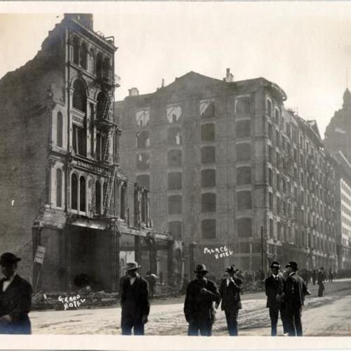 [Ruins of the Grand Hotel and the Palace Hotel, with Call Building in the background]