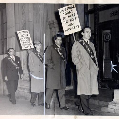 [Striking telephone workers picketing in front of the telephone building at 333 Grant Avenue]