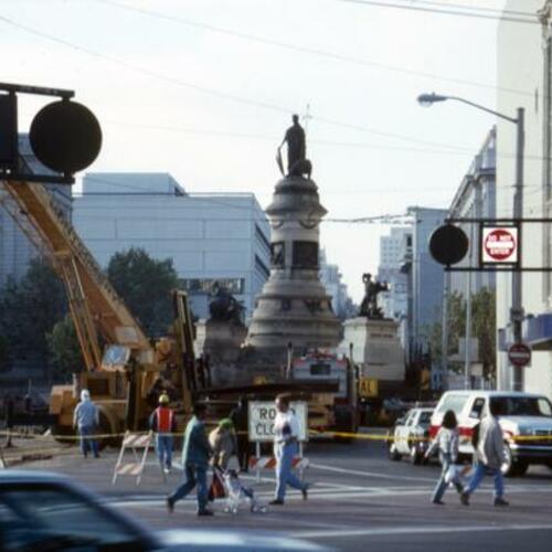 [Moving Pioneer Monument on Marshall Square, Hyde Street and Grove Street, site of new Main Library]