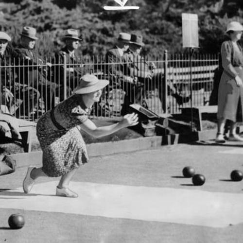 [Mrs. George Ewen bowling on the green in Golden Gate Park]