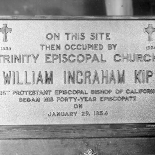 [Plaque located at Commercial Union Building commemorating 100th anniversary of founding of Episcopal church in California on January 29th 1854]