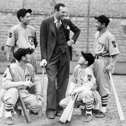 [Minor league manager, Frank "Lefty" O'Doul, with Japanese baseball players]