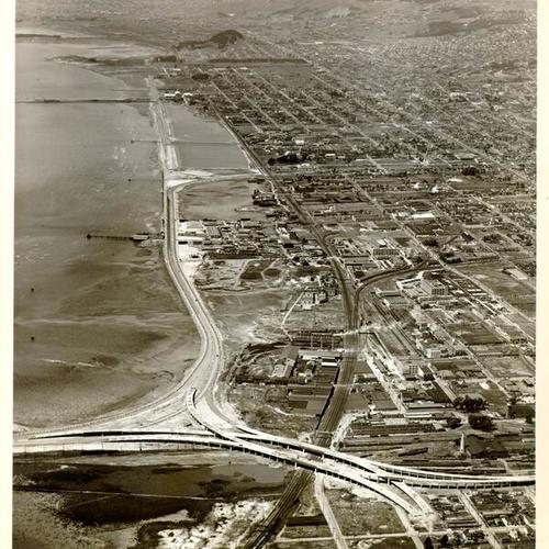 [Aerial view looking north toward Berkeley from the Distribution Structure of the San Francisco-Oakland Bay Bridge]