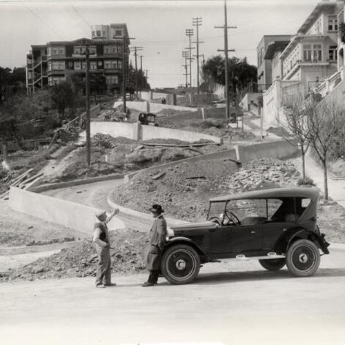 [Lombard Street during construction of the crooked section of the street]