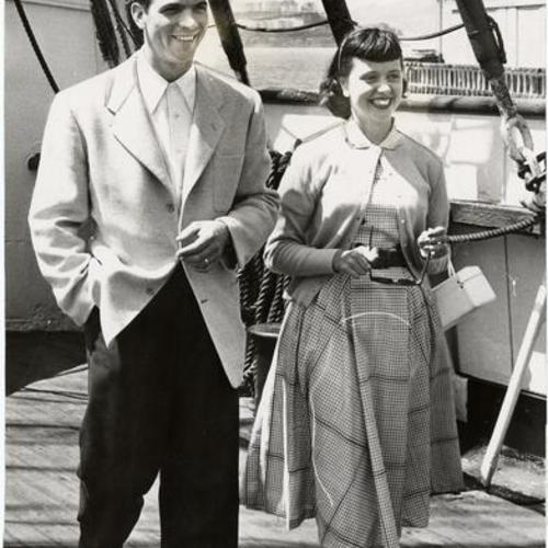 [Mr. and Mrs. Gene Duke visiting the historic sailing ship "Balclutha" at Fisherman's Wharf]