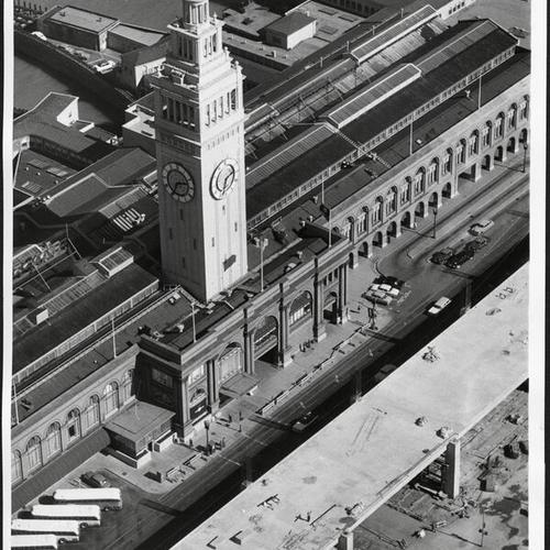 [Construction of Embarcadero Freeway section by the Ferry Building]
