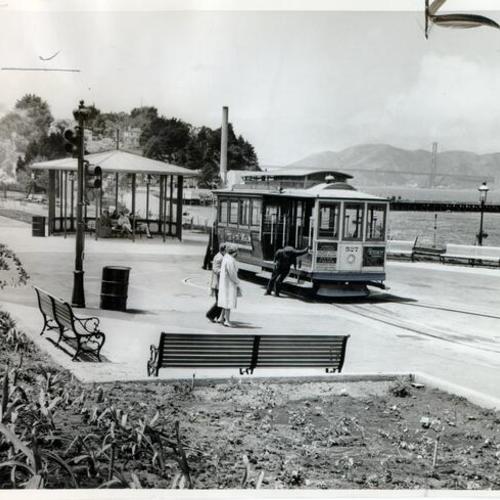 [Cable car being turned around on plaza at end of Hyde Street line]
