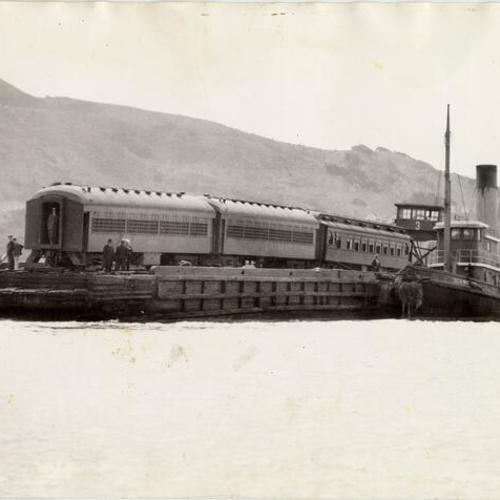 [Alcatraz Island prison train on railroad barge]