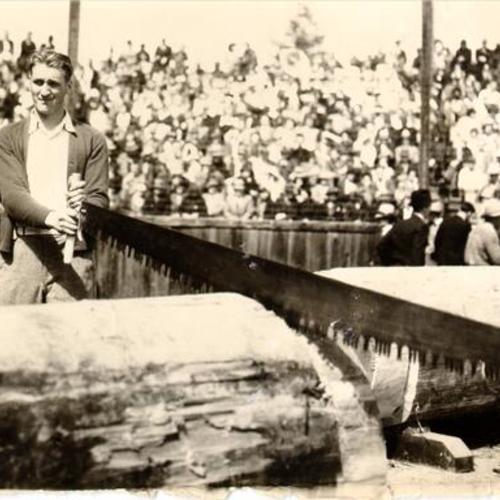 [Participant in a sawing contest held during opening day ceremonies for the Golden Gate Bridge]