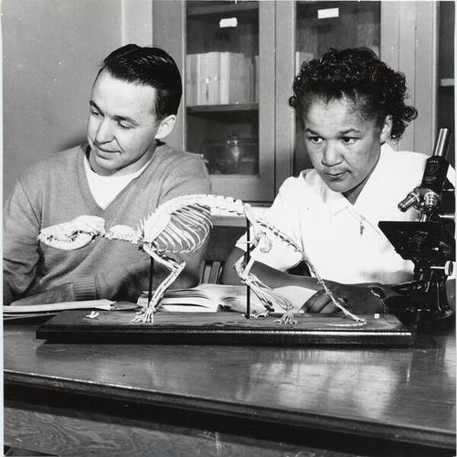 [Students Donald Nelson and Bessie Prevost in a science class at San Francisco State College]