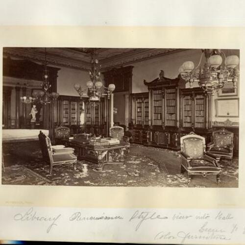 [Library. Renaissance style. View into hall. Green and gold color furniture]