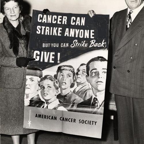 [Mrs. W. Parmer Fuller Jr. state head of the American Cancer Society with Governor Earl Warren]