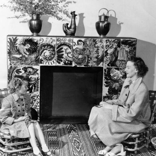 [Mrs. William R. McLintock and her daughter Sandy during a visit to an "Italy at Work" exhibition at the De Young Museum in Golden Gate Park]