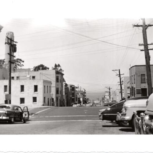 [Looking north from corner of Union and Montgomery street, Coit Tower in background]