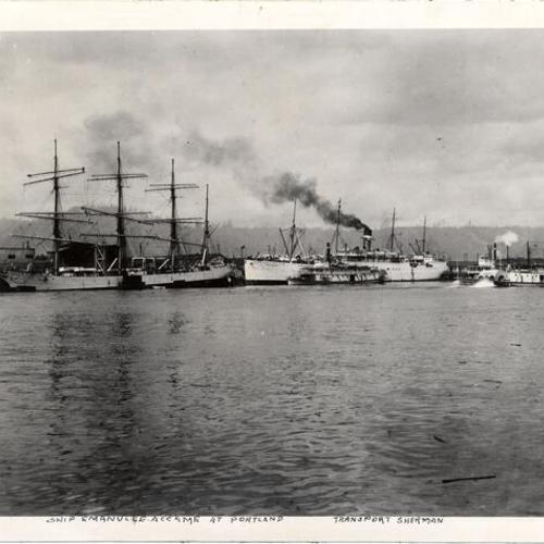 [Four masted wooden bark "Emanuele Accame" and United States Army transport U.S.S. Sherman]
