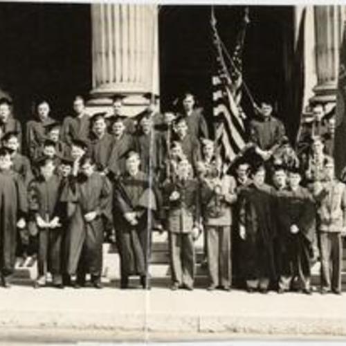[Students dressed for graduation ceremony at the University of San Francisco]