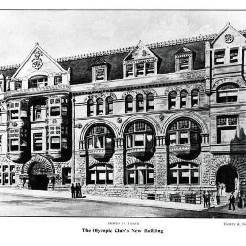 [Architect's drawing for the Olympic Club's new building at Post and Mason streets]