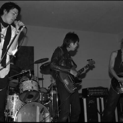 V. Vale's band performing at Aitos, Berkeley; with Karla 'Maddog' Duplantier, Johnny Genocide (Hugh Patterson), and Zippy Pinhead (William Chobotar)