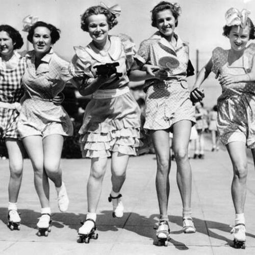 [Seniors Elenore Burke, Lucille Schunkey, Janee Glaudert, Gertrude Burch and Lenore Coll, of Balboa High School, skating on the annual 'baby" day]