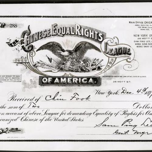 [Chinese Equal Rights League membership card for Chin Fook signed by Sam Ping Lee at New York on December 4, 1897]
