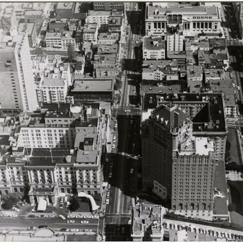 Aerial view of Nob Hill, looking down at the Fairmont and Mark Hopkins Hotels